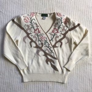 VTG Dana Scott Floral Embroidered V Neck Shoulder Pads Wrap Sweater Top Large